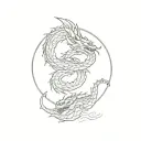 Minimal sketch of 2 dragons in Japanese style with outline, red sun in the middle and Japanese symbols on the sides tattoo design idea