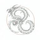 Minimal sketch of 2 dragons in Japanese style with outline, red sun in the middle and Japanese symbols on the sides tattoo design idea