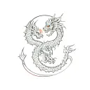 Minimal sketch of 2 dragons in Japanese style with outline, red sun in the middle and Japanese symbols on the sides tattoo design idea