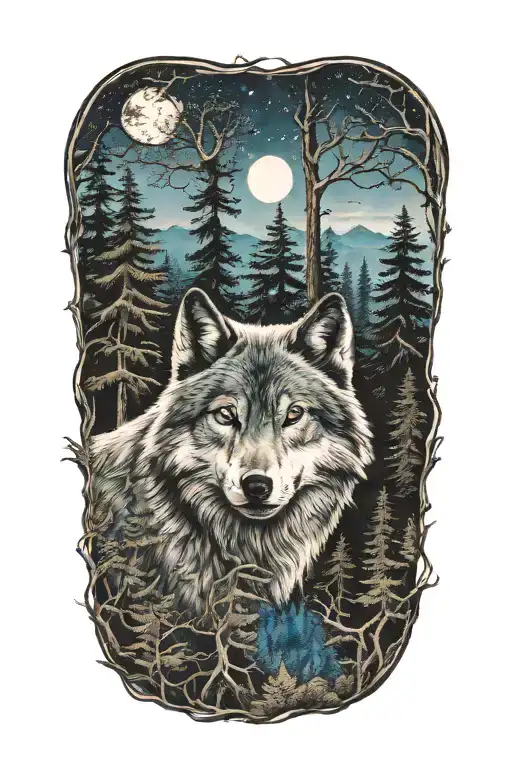 wolf blue eyes howling forest landscape tattoo design idea