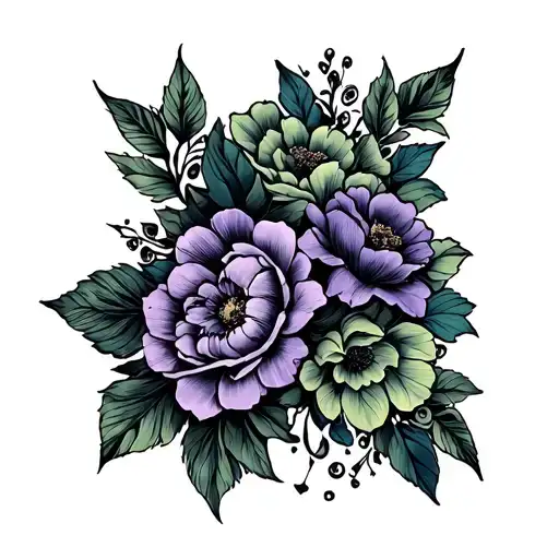 show me a leg sleeve that’s Neo traditional, Japanese style, floral mainly greens purples and blues  tattoo design idea