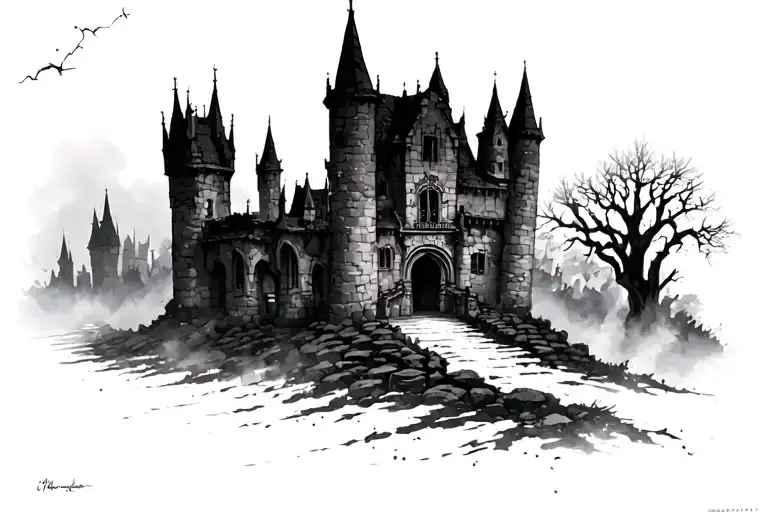 Haunted castle and ancient runs, hedge rows, expansive, spooky, misty, cloudy ruins, asymmetrical, flat tattoo design idea