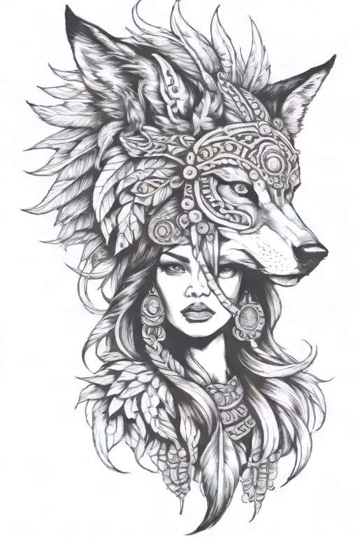 women with a wolf headdress tattoo design idea