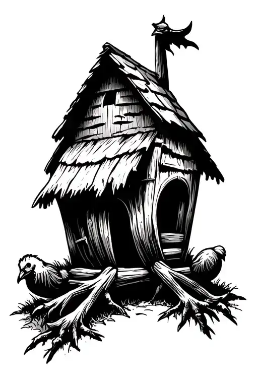 Draw a sketch for a tattoo of a hut on chicken legs in a gothic style. A gloomy hut on chicken legs like in horror films. tattoo design idea