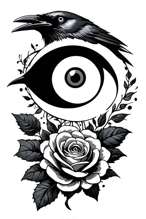 raven, crescent moon, roses, traditional evil eye tattoo design idea