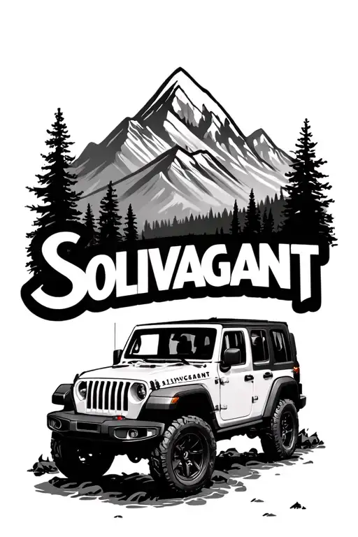 "Solivagant" "Solivagant" "Solivagant" topless jeep wrangler in wilderness creek and mountains joined together tattoo design idea