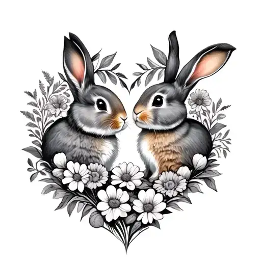 2 bunnies in a heart filled with flowers tattoo design idea