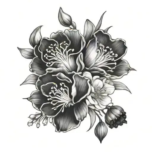 carnation, snowdrop, sweet pea, daisy,  daffodil, cherry blossom, poppy, Gladiolus bouquet tattoo design idea