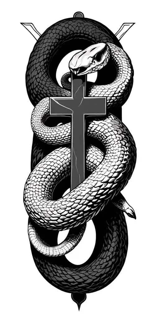Vector elongated snake silhouette snake bodies slithering wrapped around crucifix dark blackwork gothic tattoo design idea