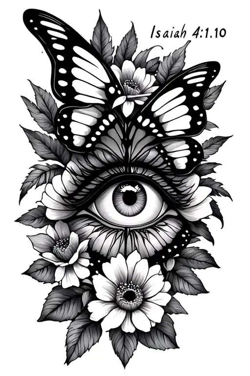 butterfly with flowers and leaves with Isaiah 41:10 and a eye and time  tattoo design idea