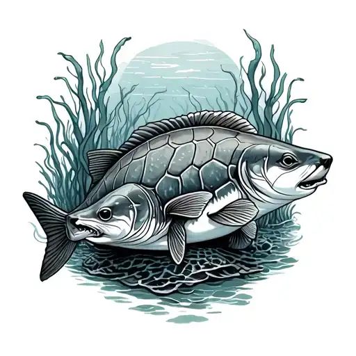 Kelp forest with 1 giant sea bass. 1 otter. 1 leopard shark. 1 logger head seat turtle tattoo design idea