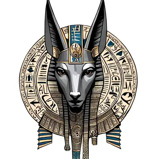 Egyptian god Anubis surrounded by hieroglyphics intertwined tattoo design idea
