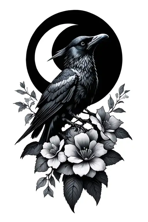 raven knight moon flowers intertwined tattoo design idea