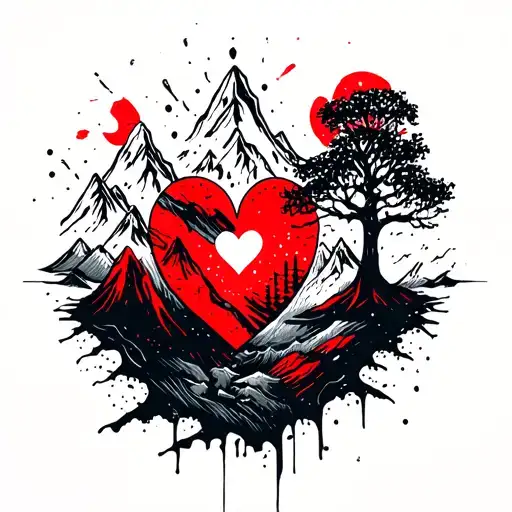 lines around ankle, tree, heart, mountains inside tattoo design idea