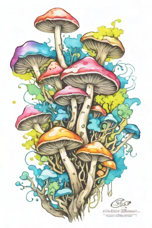 trippy wood-loving mushroom mural with universe inside. inky black lines. tincture vivid and colorful tattoo design idea