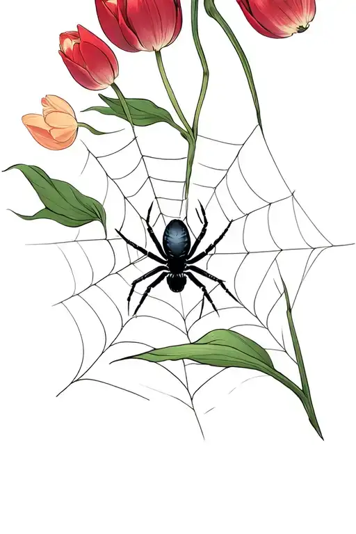 black widow spider crawling on web of tulips tattoo design idea