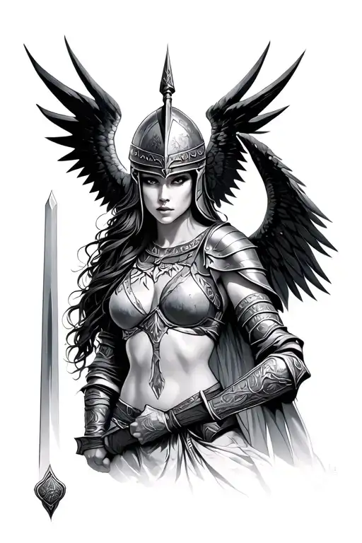 valkyrie warrior woman holding a sword with piercing eyes and a norse helmet that has beautiful black wings  tattoo design idea