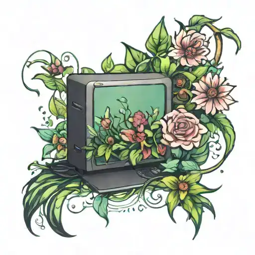 A computer morphing into flowers & greenery tattoo design idea