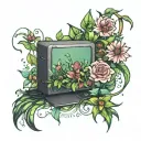 A computer morphing into flowers & greenery tattoo design idea