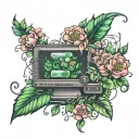 A computer morphing into flowers & greenery tattoo design idea