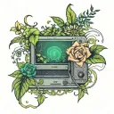 A computer morphing into flowers & greenery tattoo design idea