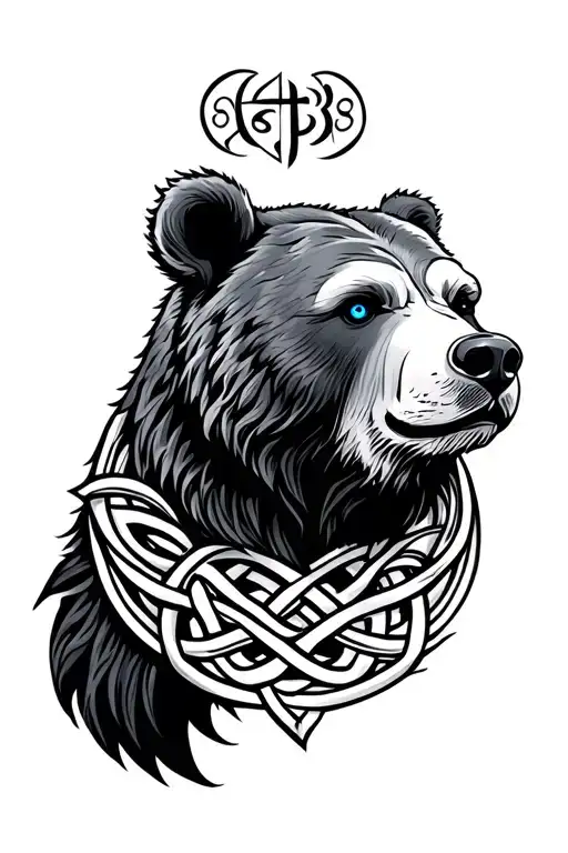 irish celtic bear head with blue eyes and celtic knotwork around it tattoo design idea