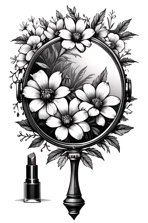 mirror with cosmo flowers and a tube of lipstick tattoo design idea