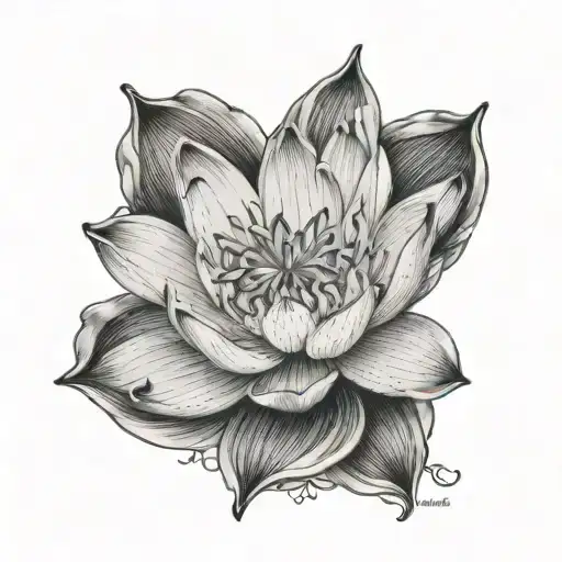 Waterlily flower fine line back tattoo with quote; Everything happens for a reason tattoo design idea