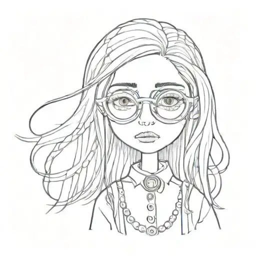 Coraline Doll with long straight hair and buttons as eyes with glasses and full lips, wearing gothic clothes tattoo design idea