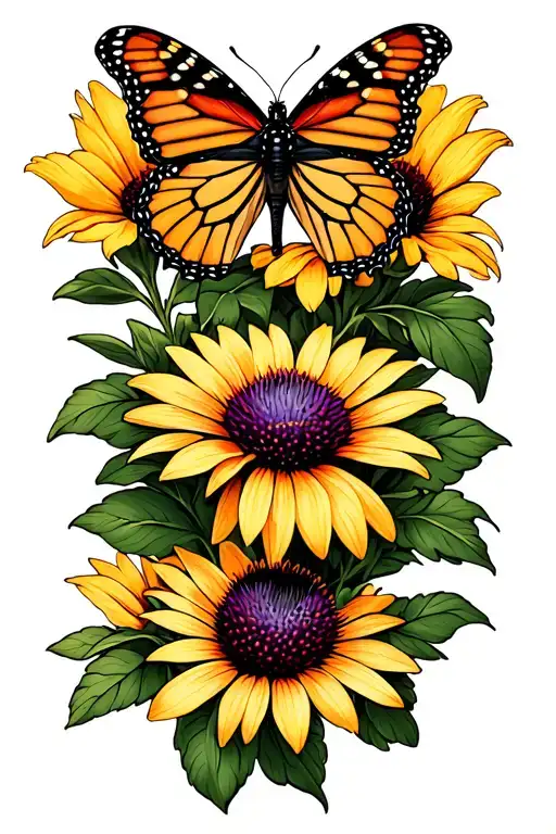 2 monarch butterflies and coneflower  tattoo design idea