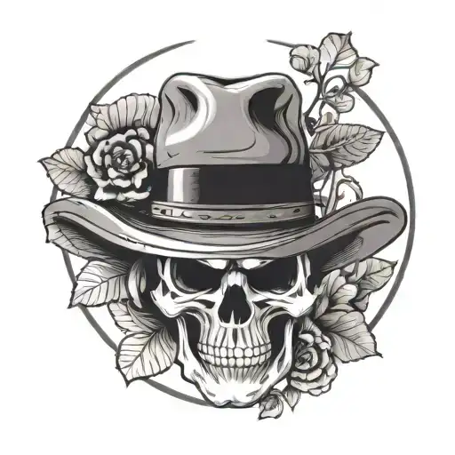 A front facing skull with a cowboy hat and a five leaf clover in the mouth with yin in the left eye and yang in the righ tattoo design idea