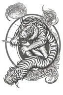 leaping tiger,twin fish,Bow and arrow inside a circular badge tattoo design idea