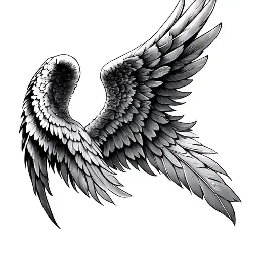 “Realistic angel wings tattoo spread across the upper back, symmetrical detailed feathers in black and grey ink. The wor tattoo design idea