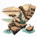 a View of water and rocks sky and a girl sit alone on a dock   tattoo design idea
