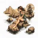 a View of water and rocks sky and a girl sit alone on a dock   tattoo design idea