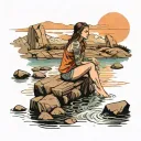 a View of water and rocks sky and a girl sit alone on a dock   tattoo design idea
