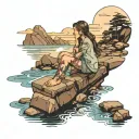 a View of water and rocks sky and a girl sit alone on a dock   tattoo design idea