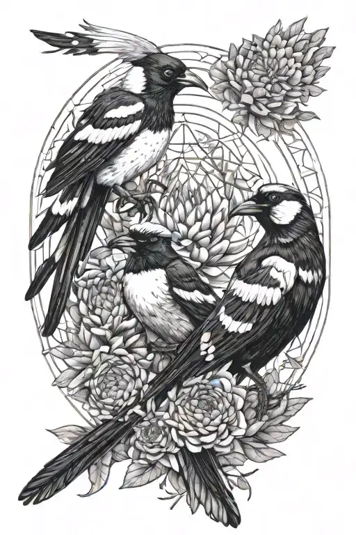2 magpies and protea. with elements of sacred geometry tattoo design idea