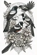 2 magpies and protea. with elements of sacred geometry tattoo design idea