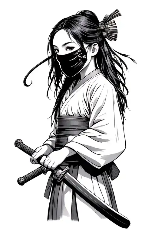 a girl in Japanese samurai clothing stands upright, her mask removed in one hand, and with the other she holds a sword tattoo design idea