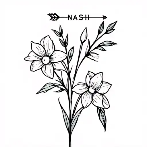 Sagittarius and narcissus Flower Bouquet arrow with name NASH tattoo design idea
