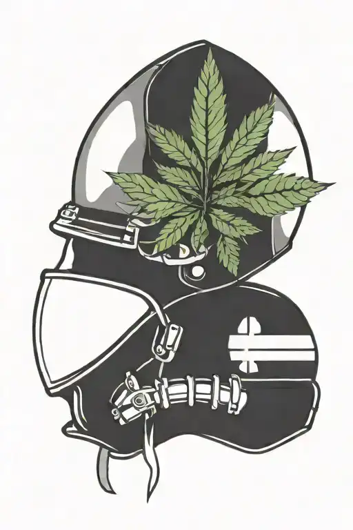 A minimalist black-grey tattoo design of a football helmet with a cannabis leaf and a subtle reference to South Park hidden within the design tattoo design idea
