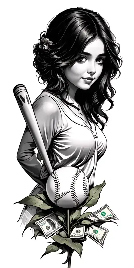 baseball and tulip and beautiful girl and music and travel and money tattoo design idea