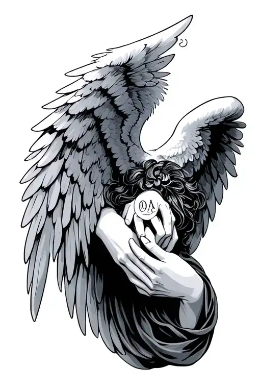 angel wings with hands holding with the initials BW and OA tattoo design idea