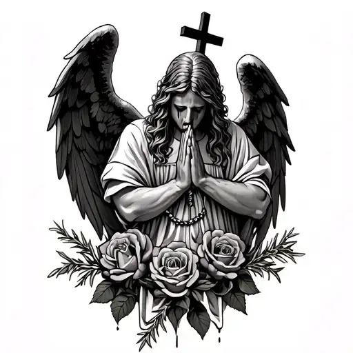 fallen angel praying and crying in front of cross with dead roses wrapped around and rosemary beads on his hands  tattoo design idea