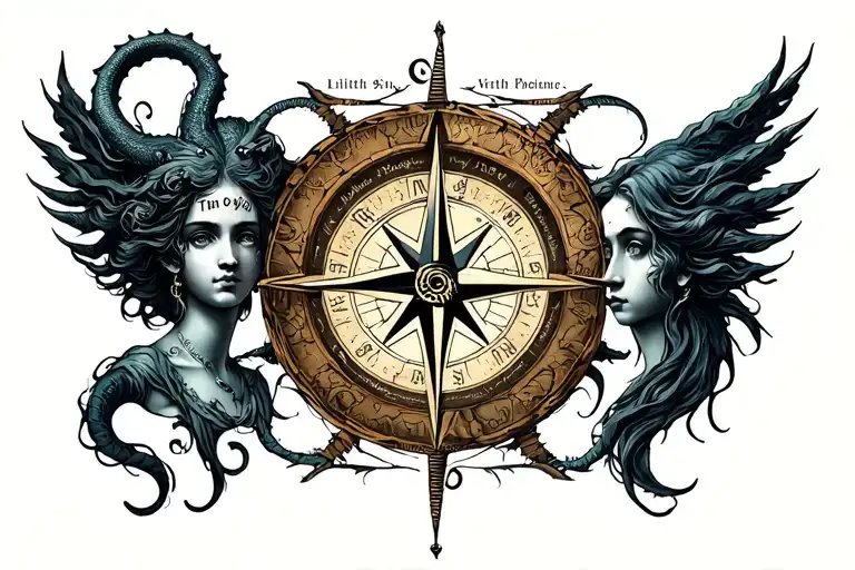 compass with Lilith as north, Persephone as east, hecete as south, Medusa as west tattoo design idea