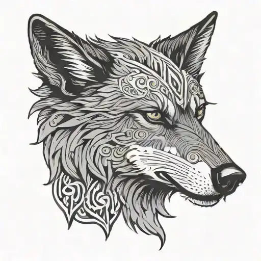 simple black wolf head with O'Faolain scripture tattoo design idea