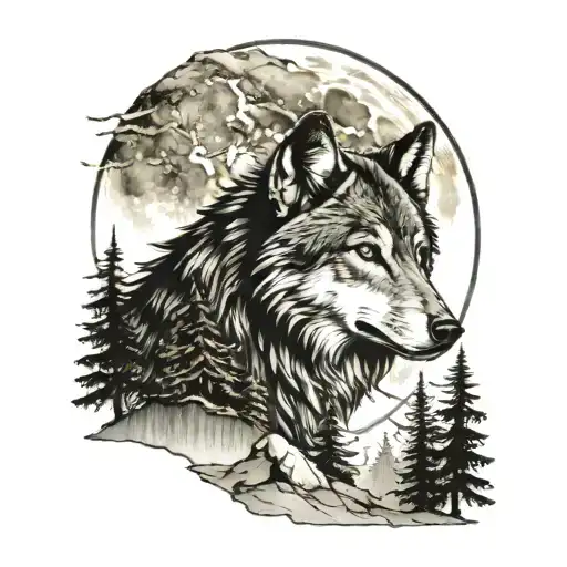 wolf, crow, moon surrounded my mountain range tattoo design idea