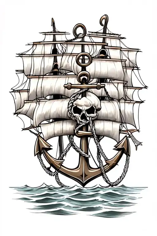 nautical galleon and anchor tattoo design idea