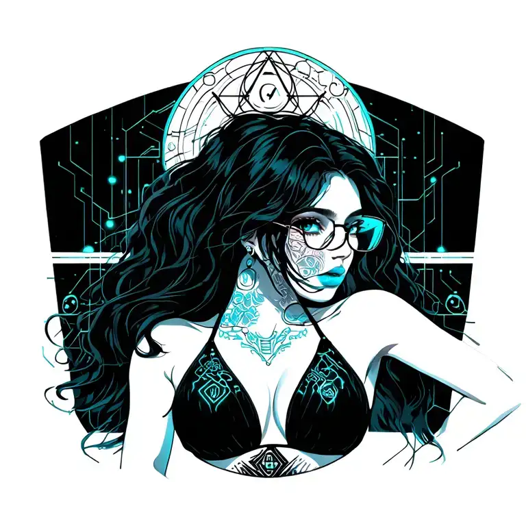 Sexy girl, petite, big boobs, wide hips, bikini . long hair,sexual. Seductive. Full Body, arms legs and feet. glasses tattoo design idea